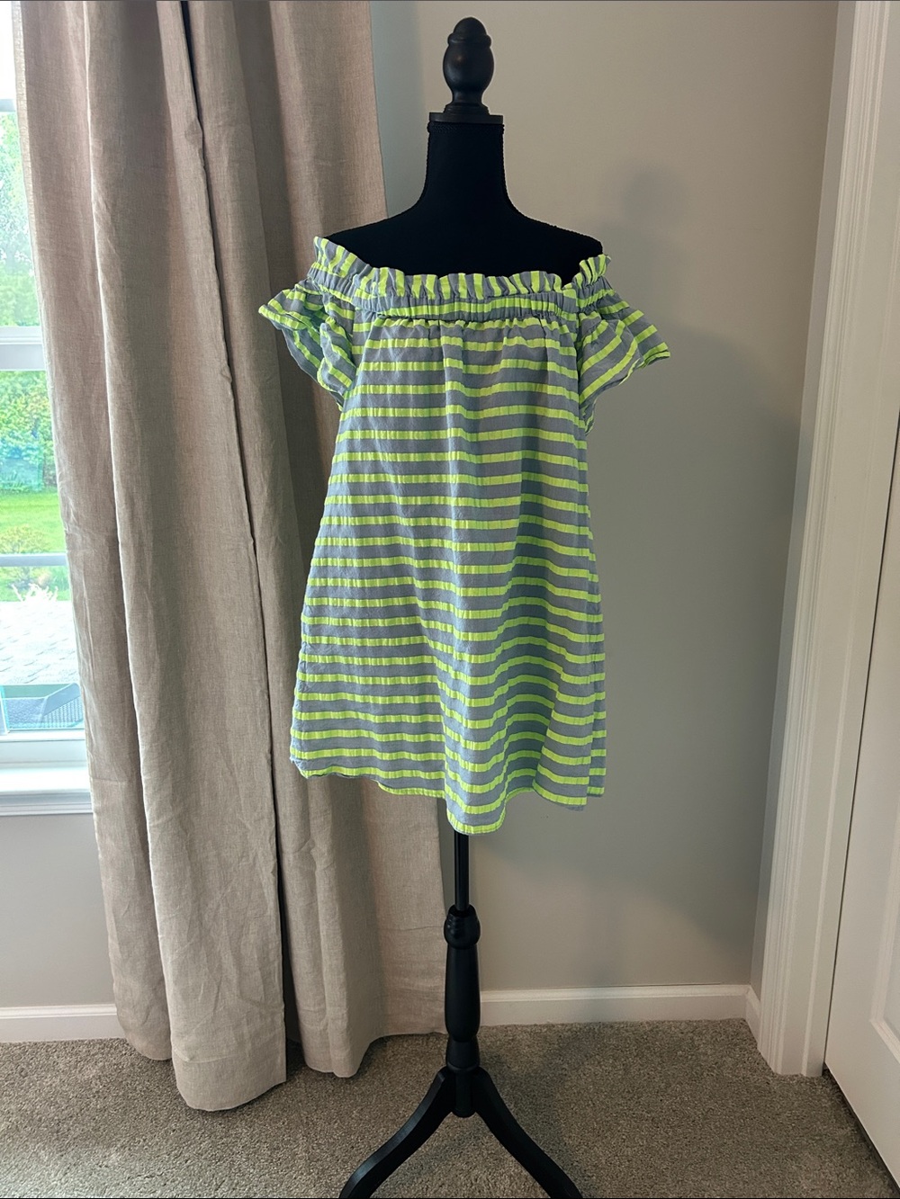 Corey Lynn Calter Neon Yellow and Gray Striped Off-Shoulder Mini Dress
